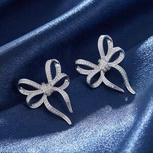 Bow Diamond Crystal Elegant Silver Earrings